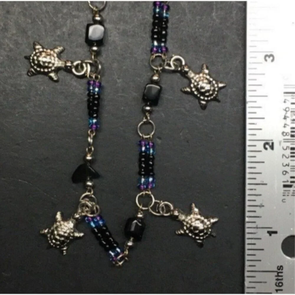 Turtle Anklet Ankle Bracelet 10 In Silver Charm Blue Purple Black Retro Vintage - Picture 4 of 5